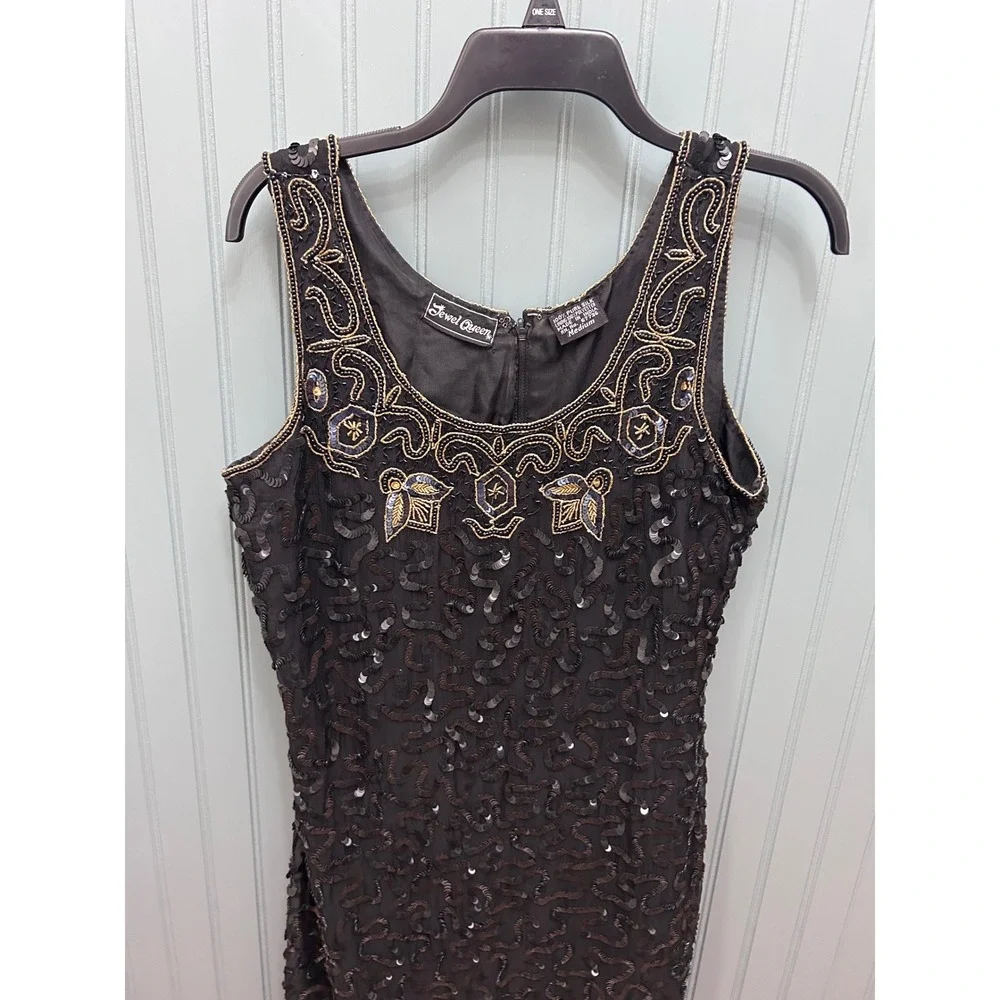 Jewel Queen Vintage‎ Black Silk Sequin Beaded Cocktail Dress Womens Medium Gold